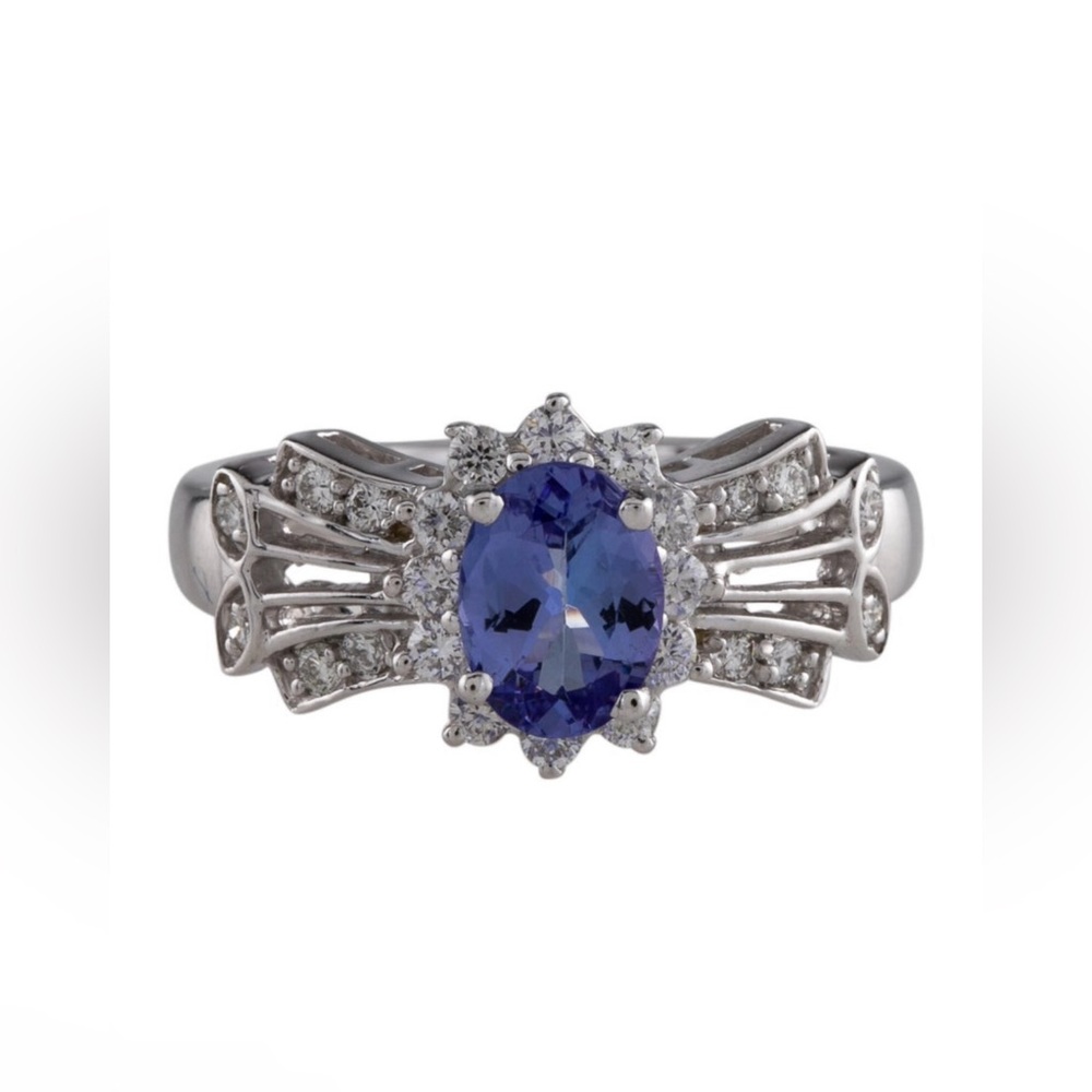 14KT White Gold Natural Tanzanite and Natural Diamonds Cocktail Ring